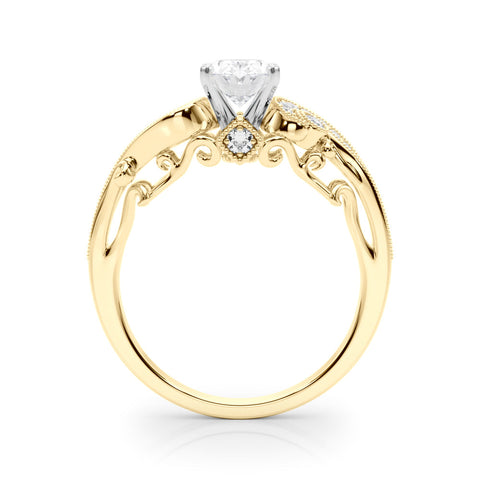 Yellow gold Oval Solitaire with Milgrain Pave Band and Four-Prong Setting