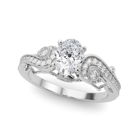 Platinum Oval Solitaire with Milgrain Pave Band and Four-Prong Setting