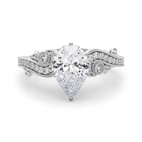 Platinum Pear Solitaire with Milgrain Pave Band and Four-Prong Setting