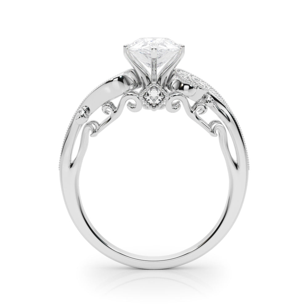 White gold Fancy Yellow Pear cut Solitaire with Milgrain Pave Band and Four-Prong Setting