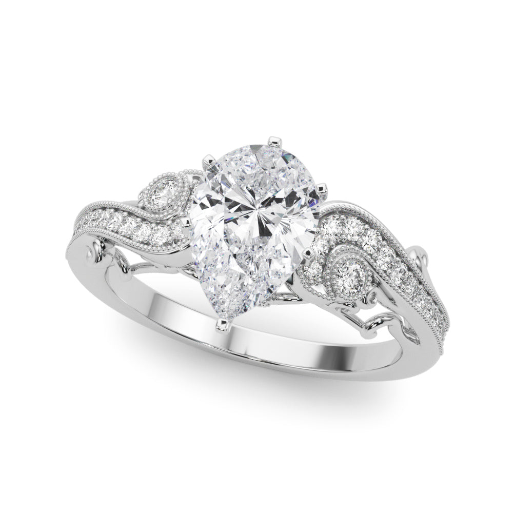 White gold Fancy Yellow Pear cut Solitaire with Milgrain Pave Band and Four-Prong Setting
