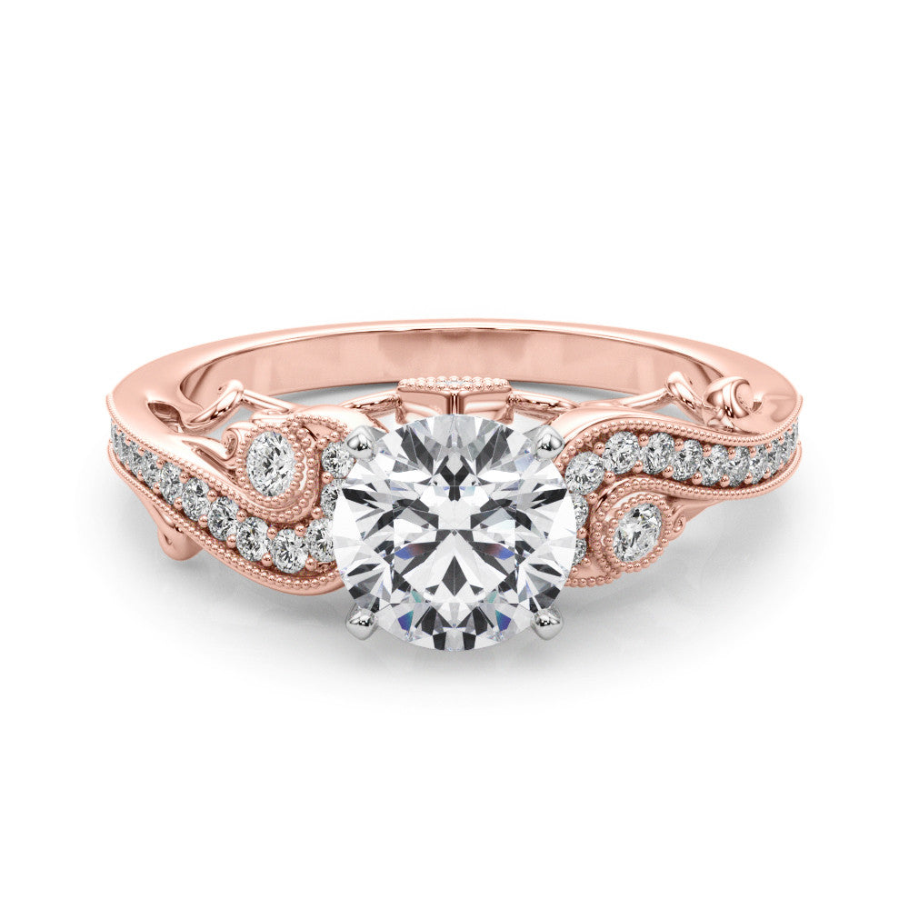 Rose gold Heart Solitaire with Milgrain Pave Band and Four-Prong Setting