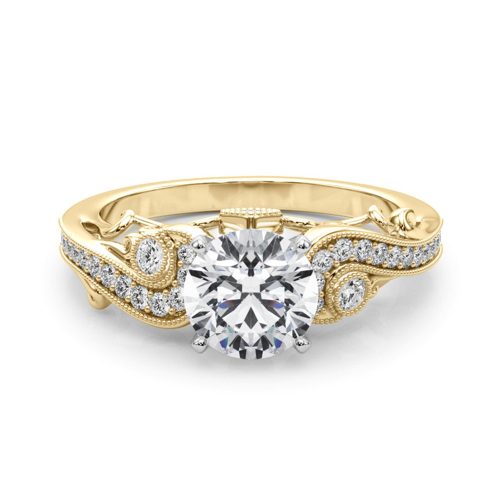 Yellow gold Heart Solitaire with Milgrain Pave Band and Four-Prong Setting