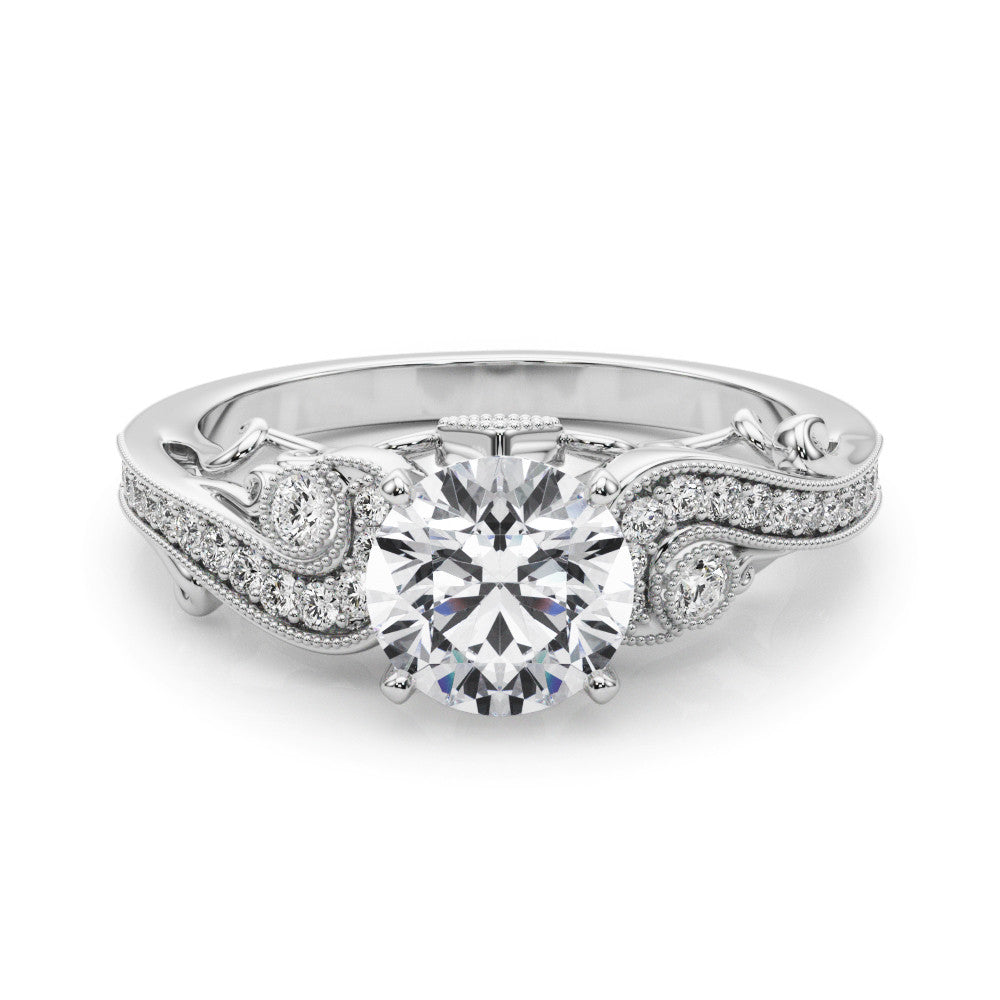 Platinum Round Solitaire with Milgrain Pave Band and Four-Prong Setting