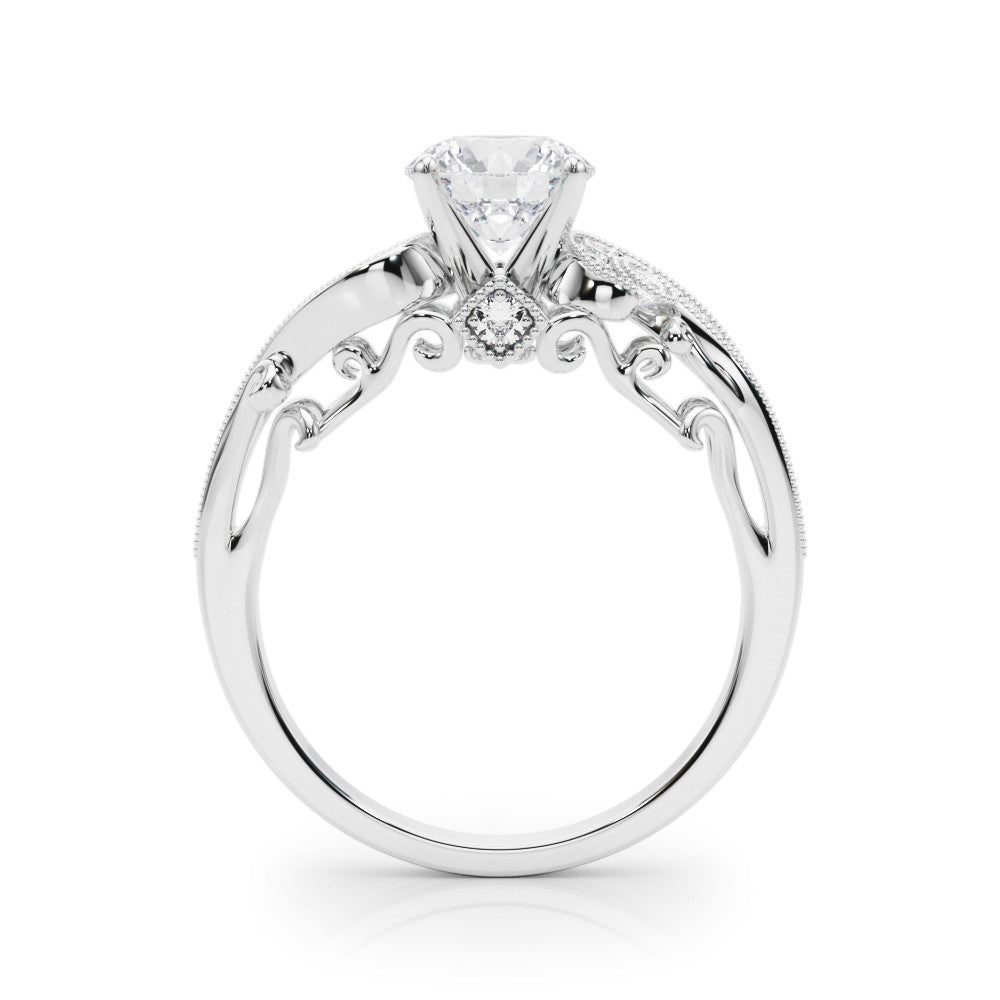 Platinum Heart Solitaire with Milgrain Pave Band and Four-Prong Setting