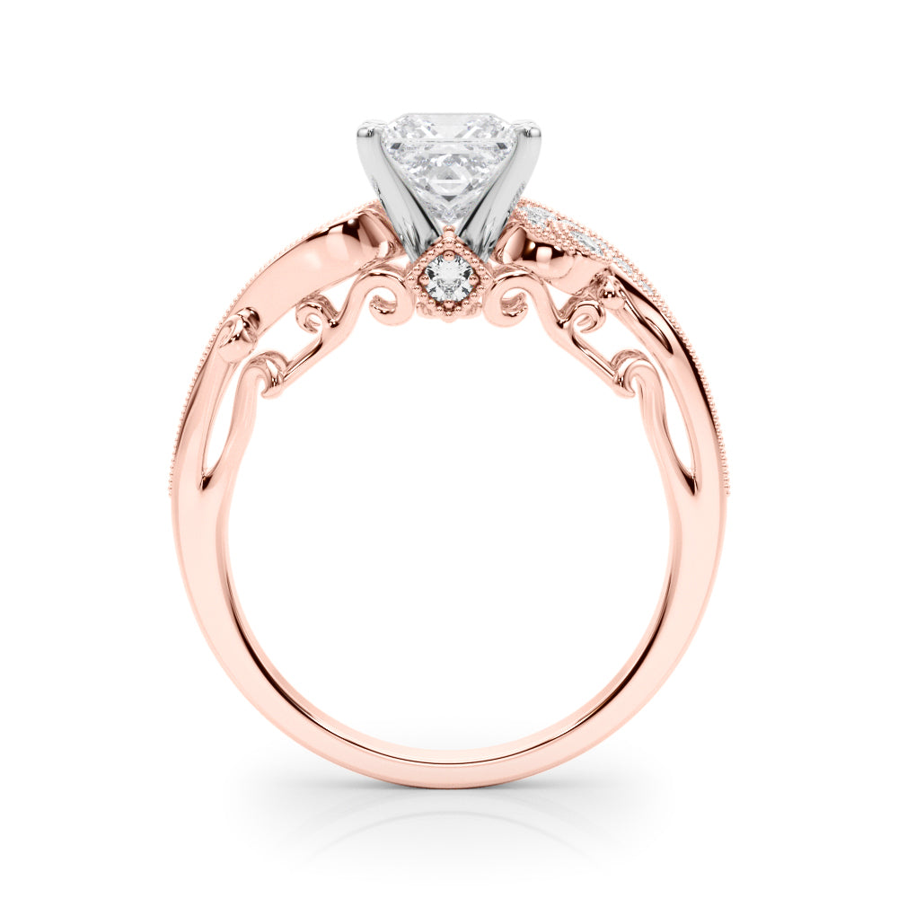 Rose gold Princess Solitaire with Milgrain Pave Band and Four-Prong Setting