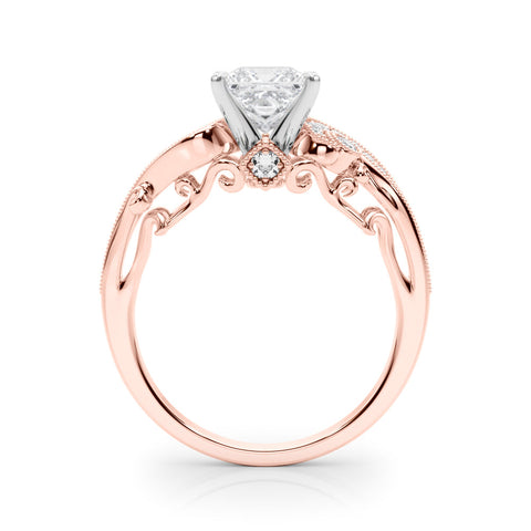 Rose gold Princess Solitaire with Milgrain Pave Band and Four-Prong Setting