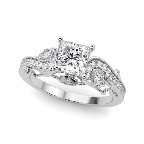 Platinum Princess Solitaire with Milgrain Pave Band and Four-Prong Setting