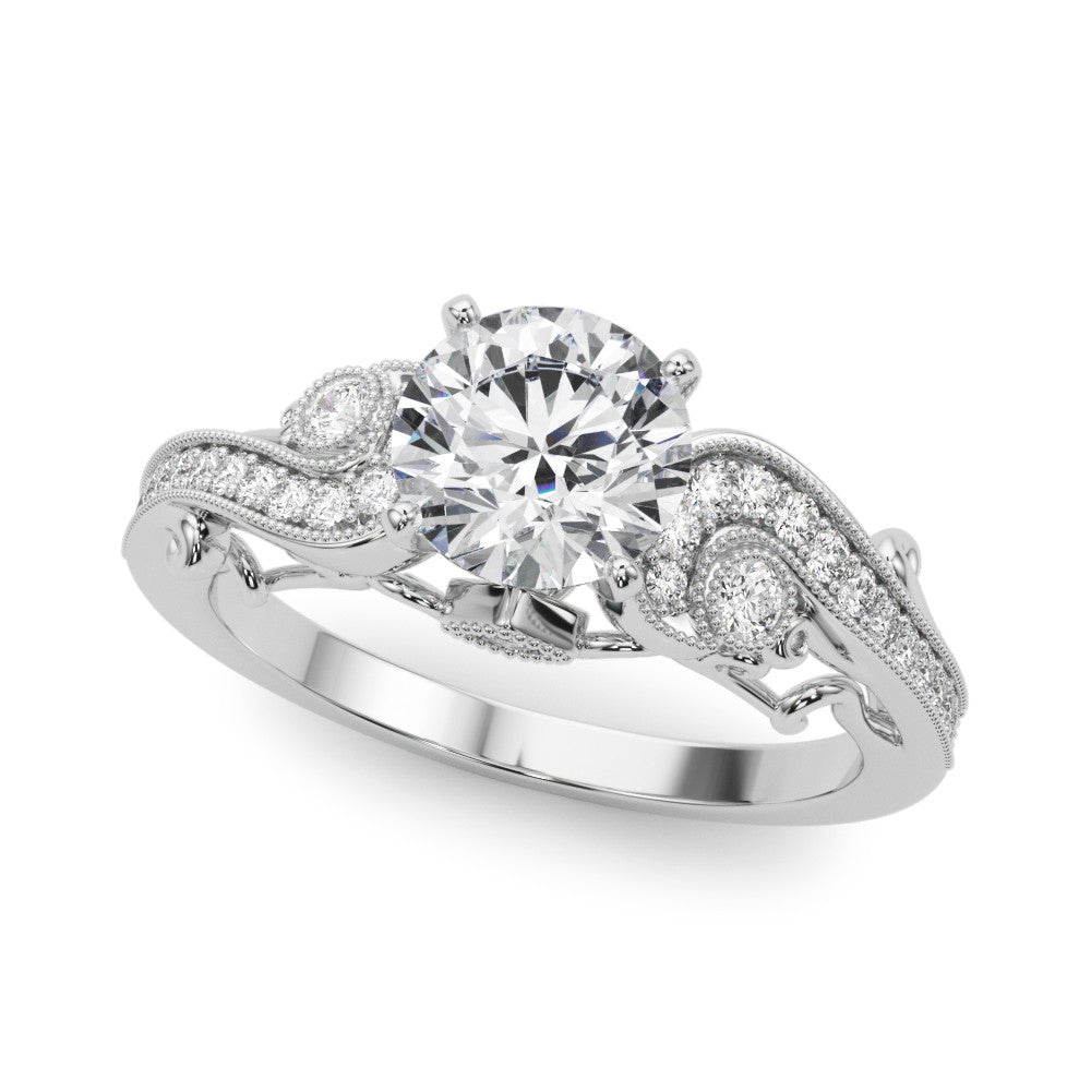Platinum Round Solitaire with Milgrain Pave Band and Four-Prong Setting