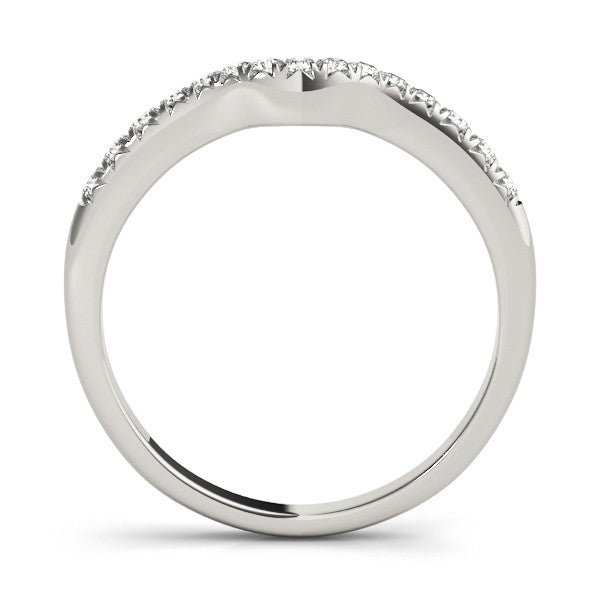 Silver Curved Pavé Round Diamond Wedding Band with Shared Prong Setting
