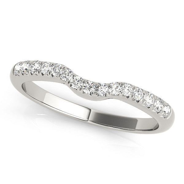 White gold Curved Pavé Round Diamond Wedding Band with Shared Prong Setting