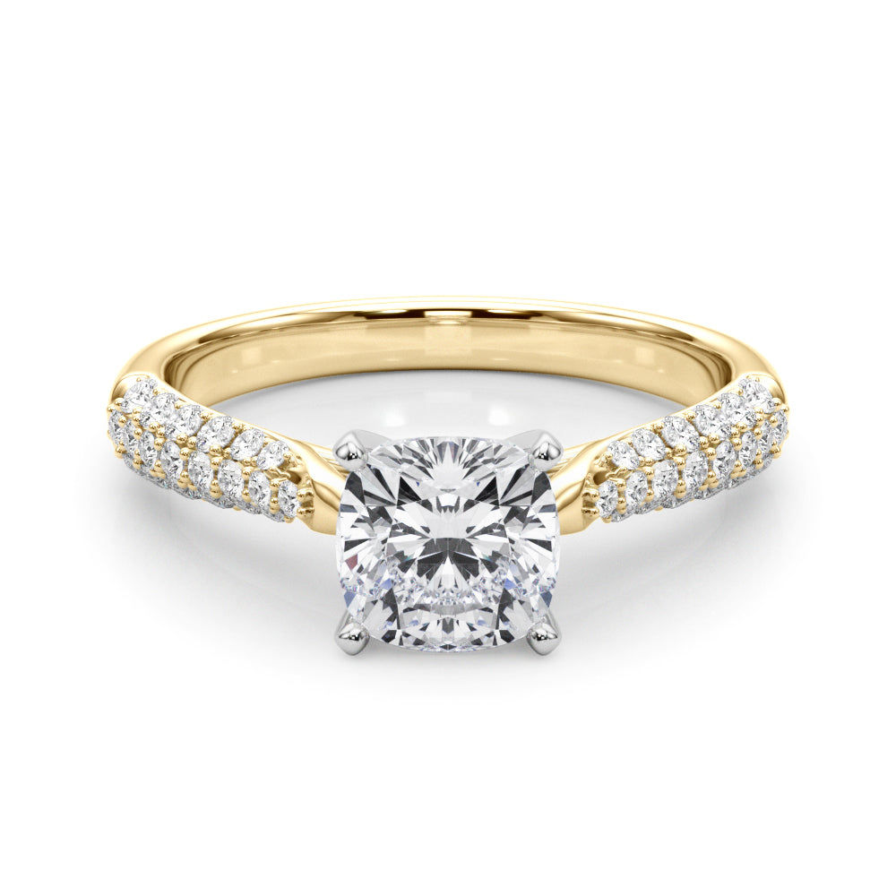 Yellow gold Cushion Solitaire Pavé Diamond Engagement Ring with Four-Prong Setting