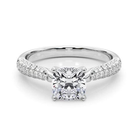 Platinum Cushion Solitaire Pavé Diamond Engagement Ring with Four-Prong Setting