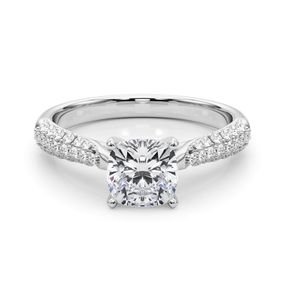 Platinum Cushion Solitaire Pavé Diamond Engagement Ring with Four-Prong Setting