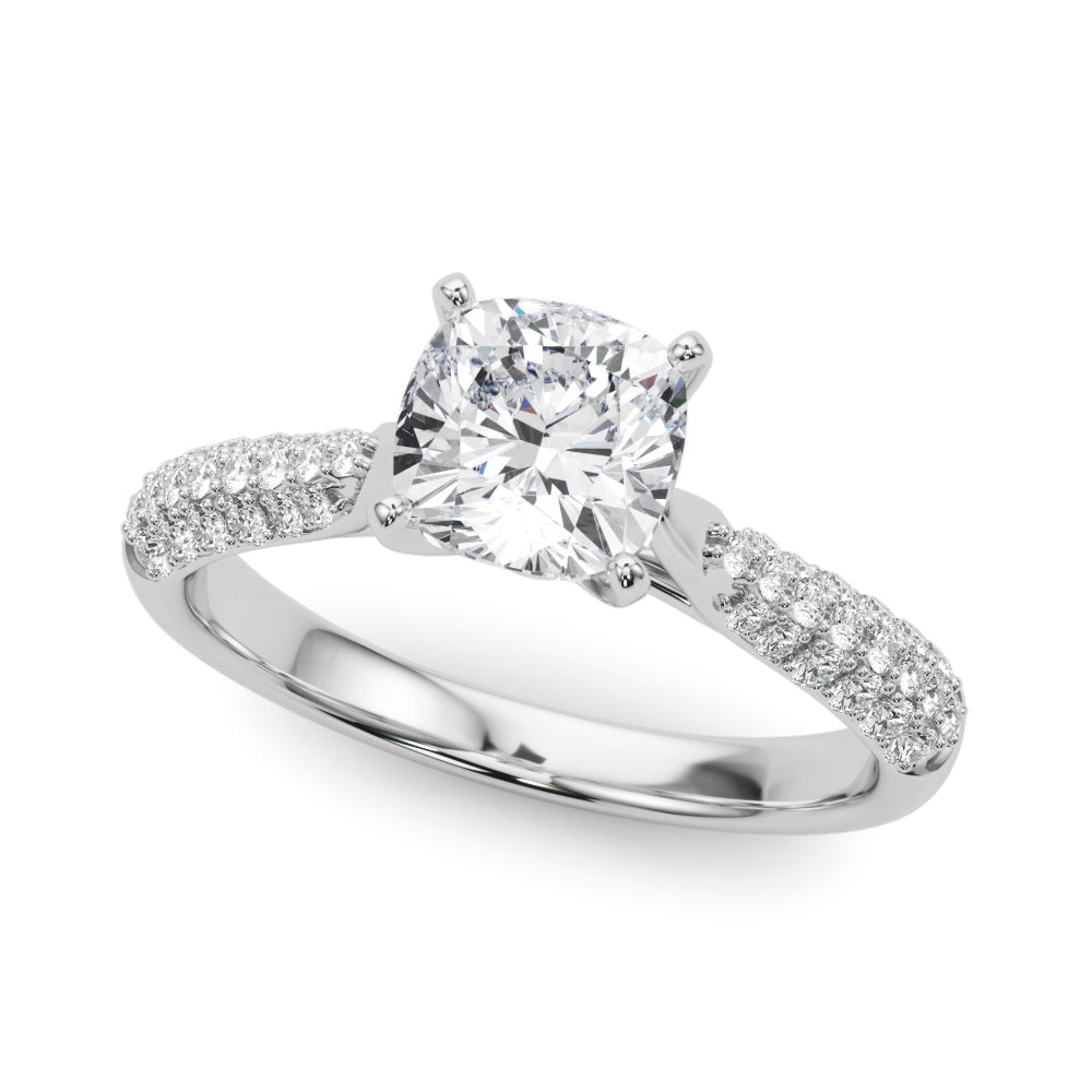 White gold Cushion Solitaire Pavé Diamond Engagement Ring with Four-Prong Setting