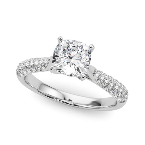 White gold Cushion Solitaire Pavé Diamond Engagement Ring with Four-Prong Setting