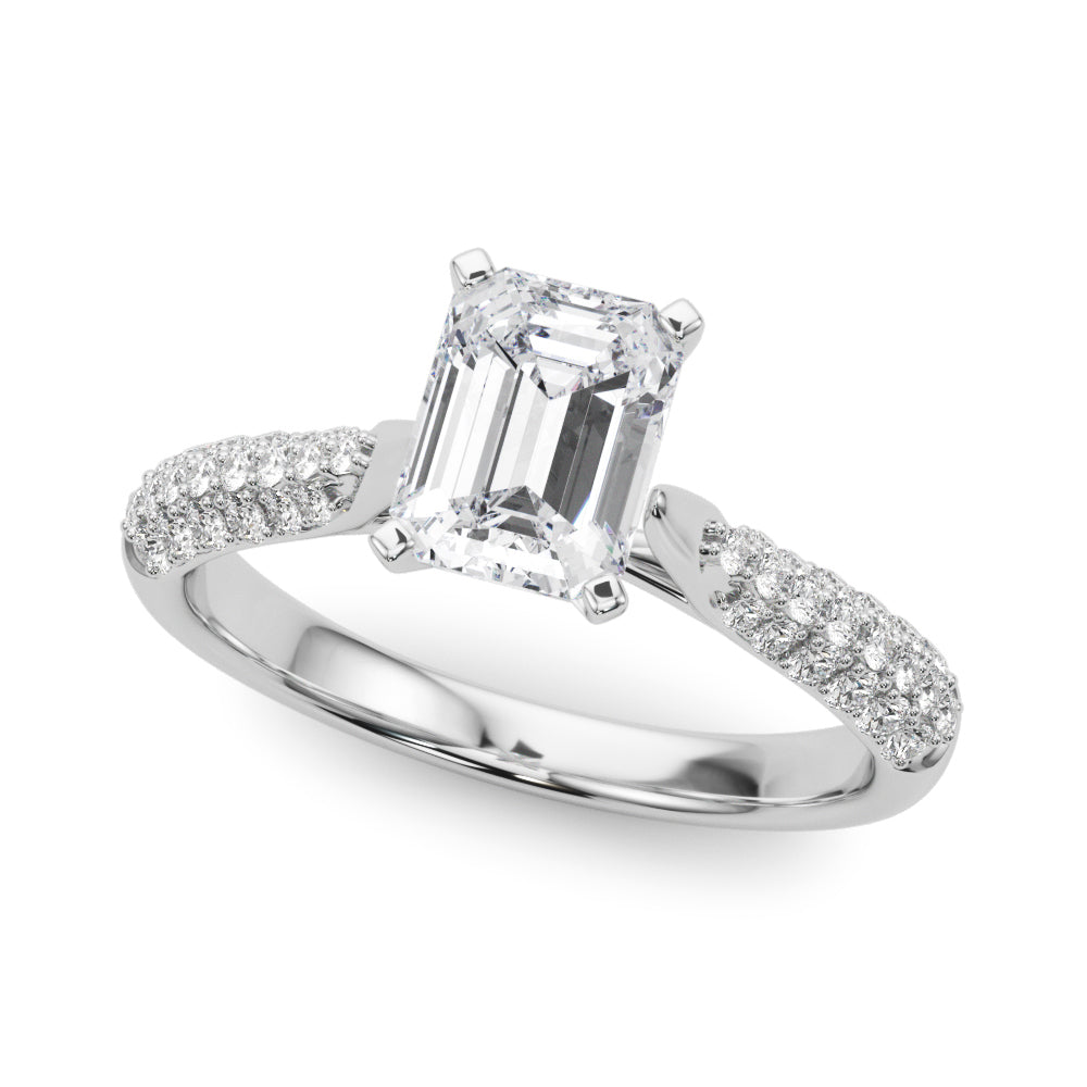 White gold Radiant Solitaire Pavé Diamond Engagement Ring with Four-Prong Setting