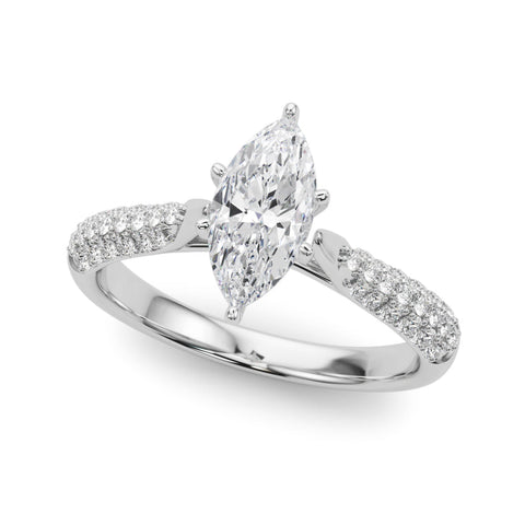 Silver Marquise Solitaire Pavé Diamond Engagement Ring with Four-Prong Setting