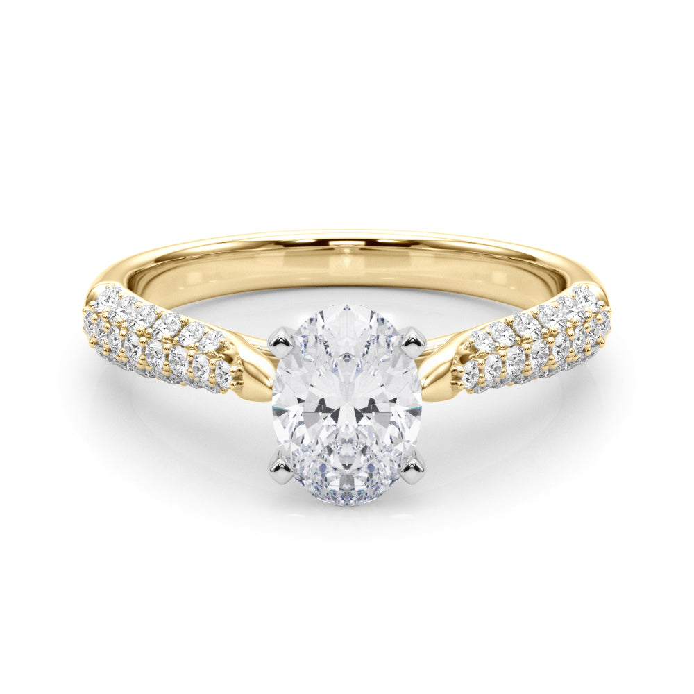 Yellow gold Oval Solitaire Pavé Diamond Engagement Ring with Four-Prong Setting