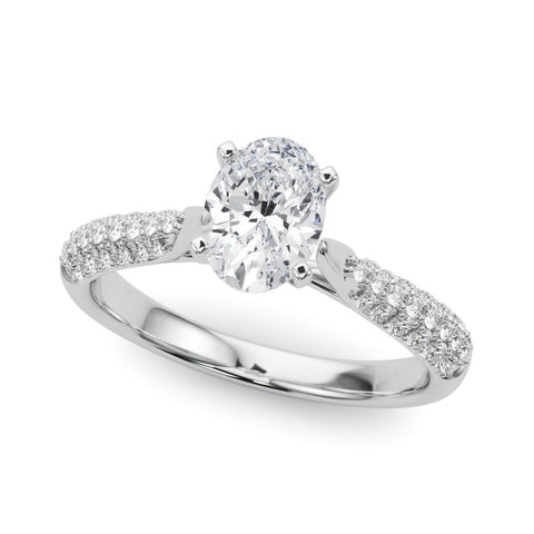 White gold Oval Solitaire Pavé Diamond Engagement Ring with Four-Prong Setting