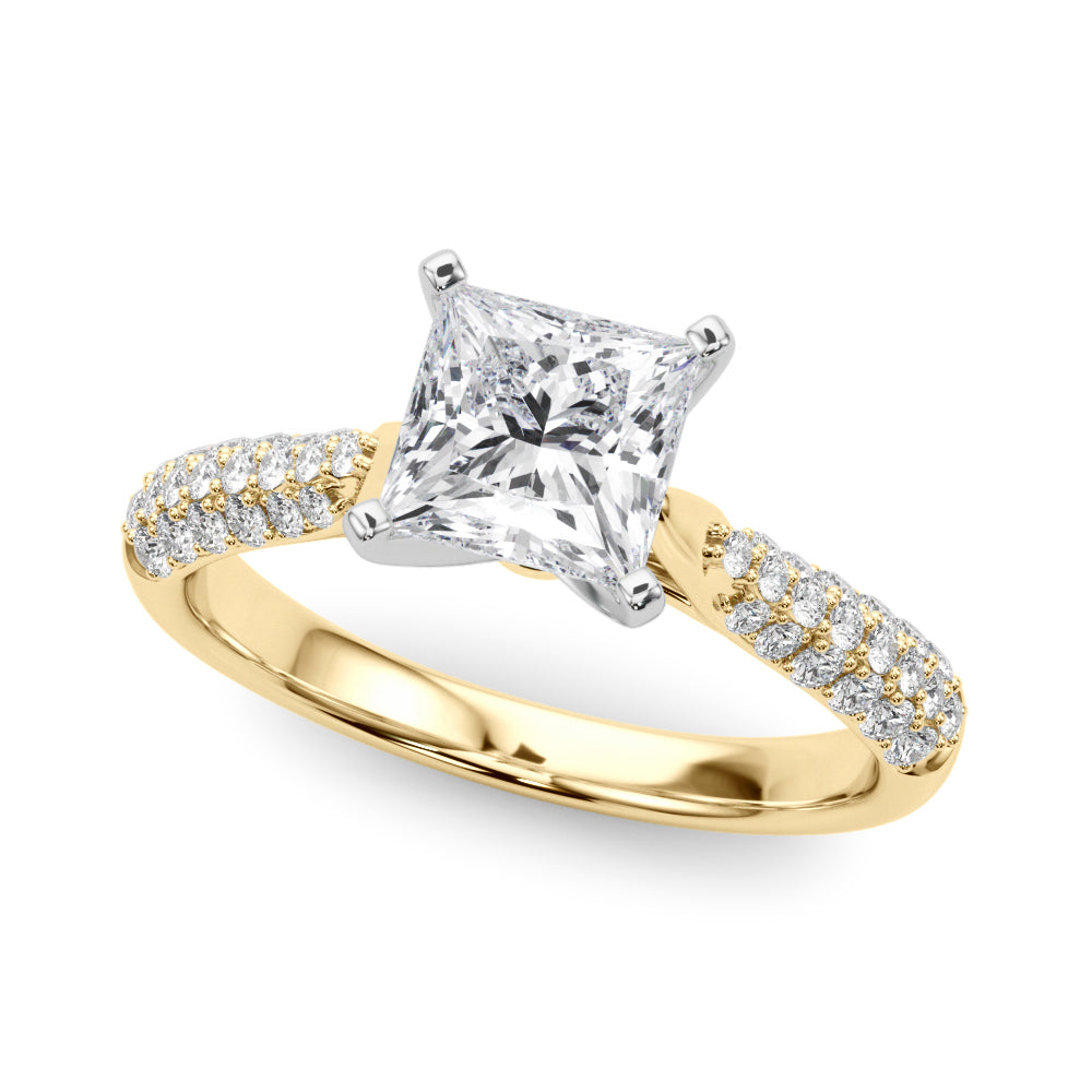 Yellow gold Princess Solitaire Pavé Diamond Engagement Ring with Four-Prong Setting