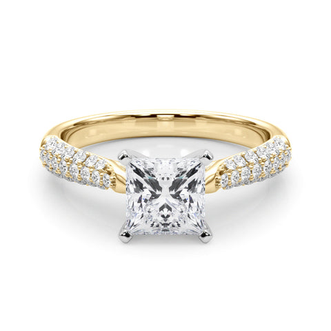 Yellow gold Princess Solitaire Pavé Diamond Engagement Ring with Four-Prong Setting
