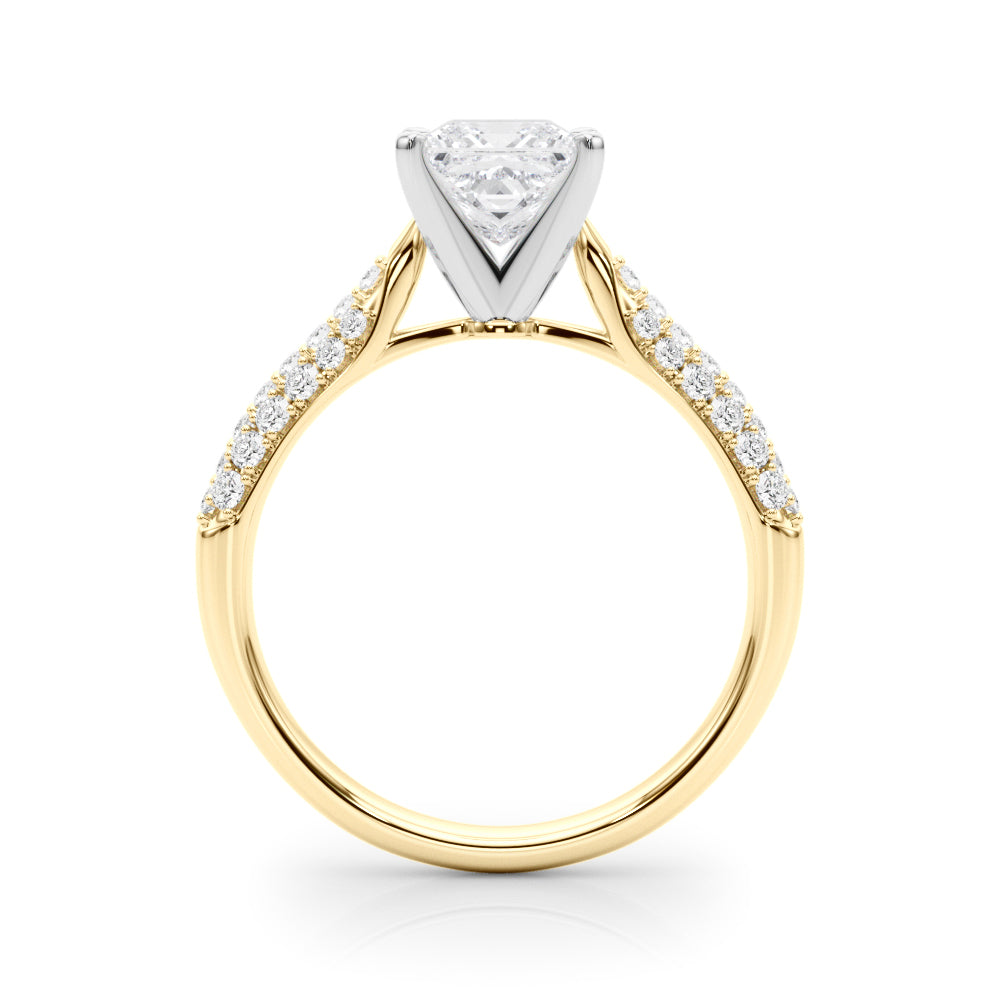 Yellow gold Princess Solitaire Pavé Diamond Engagement Ring with Four-Prong Setting
