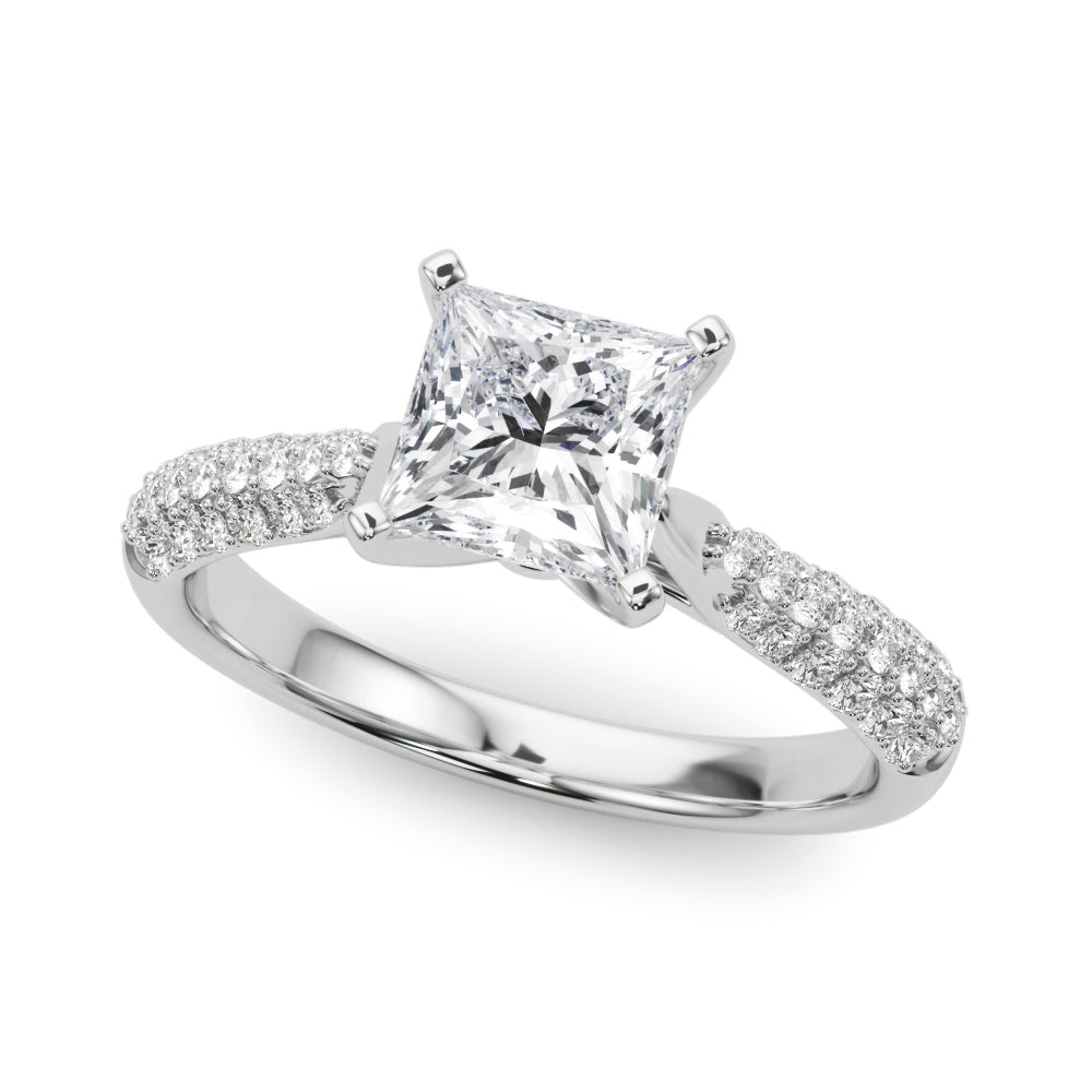 White gold Princess Solitaire Pavé Diamond Engagement Ring with Four-Prong Setting
