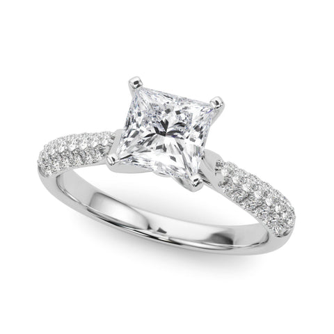 White gold Princess Solitaire Pavé Diamond Engagement Ring with Four-Prong Setting