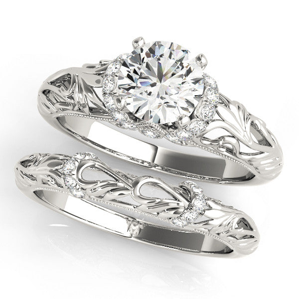 Silver Heart Solitaire Filigree Engagement Ring with Halo and Prong Setting