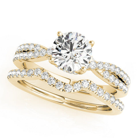 Yellow gold Round Solitaire Twist Pave Diamond Engagement Ring with Prong Setting