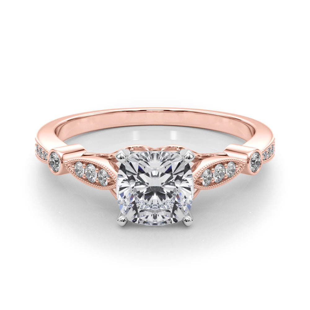 Rose gold Cushion Cut Diamond with Milgrain Marquise and Bezel Accents on a Solitaire Band with Prong Setting