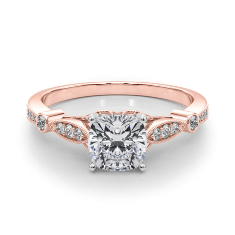 Rose gold Cushion Cut Diamond with Milgrain Marquise and Bezel Accents on a Solitaire Band with Prong Setting