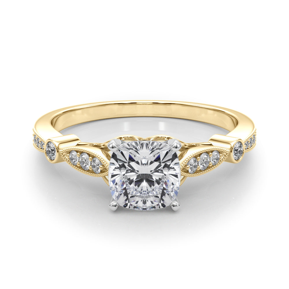 Yellow gold Cushion Cut Diamond with Milgrain Marquise and Bezel Accents on a Solitaire Band with Prong Setting