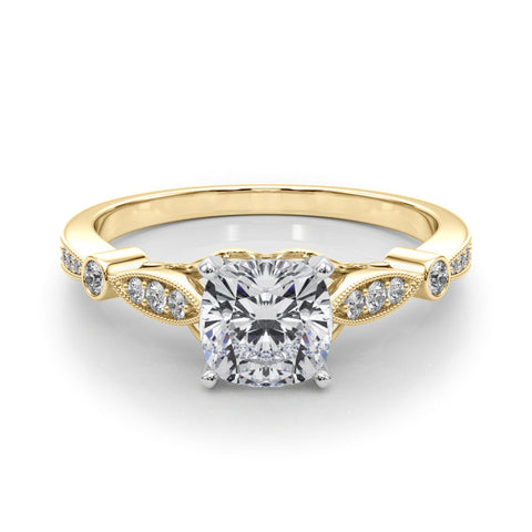 Yellow gold Cushion Cut Diamond with Milgrain Marquise and Bezel Accents on a Solitaire Band with Prong Setting