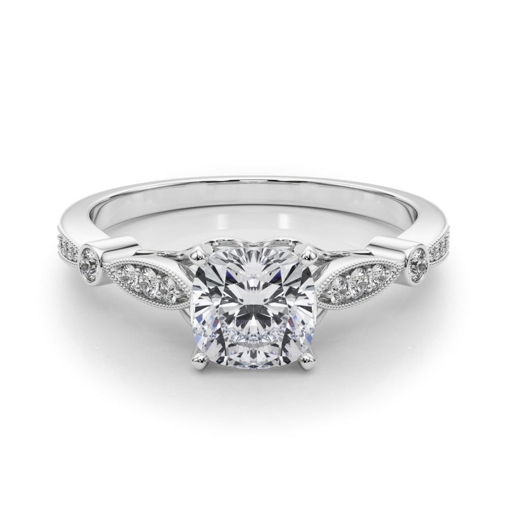 White gold Cushion Cut Diamond with Milgrain Marquise and Bezel Accents on a Solitaire Band with Prong Setting