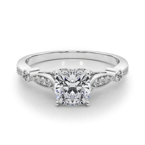Silver Cushion Cut Diamond with Milgrain Marquise and Bezel Accents on a Solitaire Band with Prong Setting