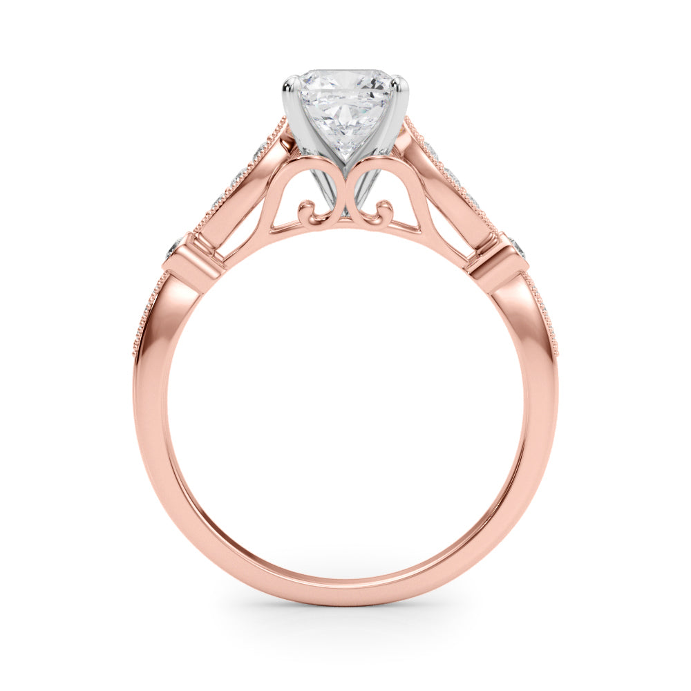 Rose gold Cushion Cut Diamond with Milgrain Marquise and Bezel Accents on a Solitaire Band with Prong Setting