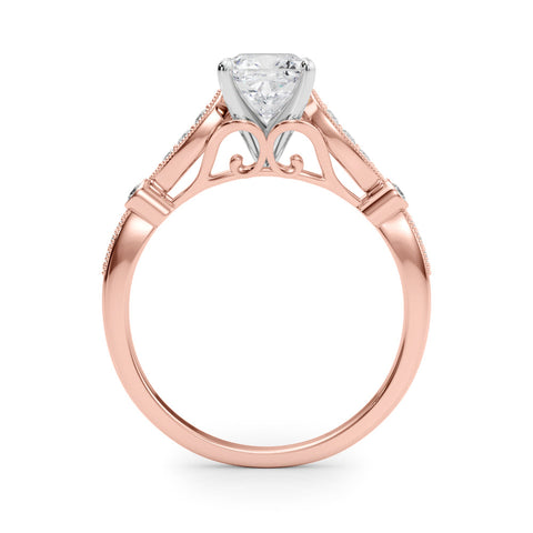 Rose gold Cushion Cut Diamond with Milgrain Marquise and Bezel Accents on a Solitaire Band with Prong Setting
