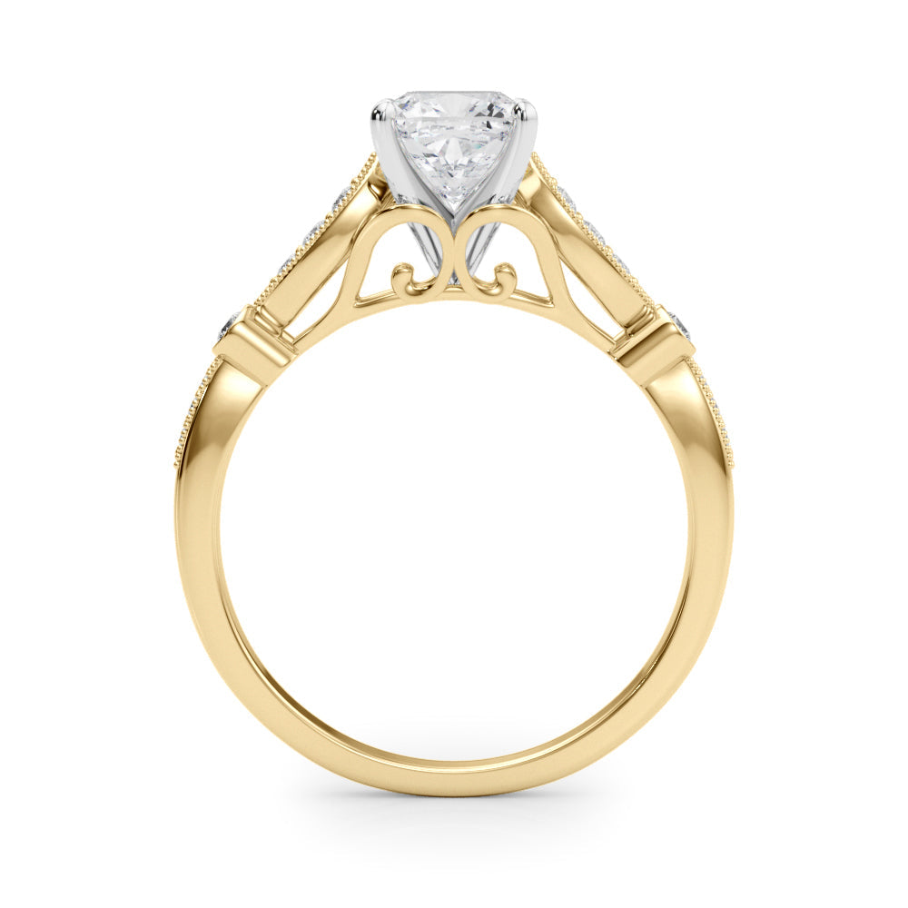 Yellow gold Cushion Cut Diamond with Milgrain Marquise and Bezel Accents on a Solitaire Band with Prong Setting