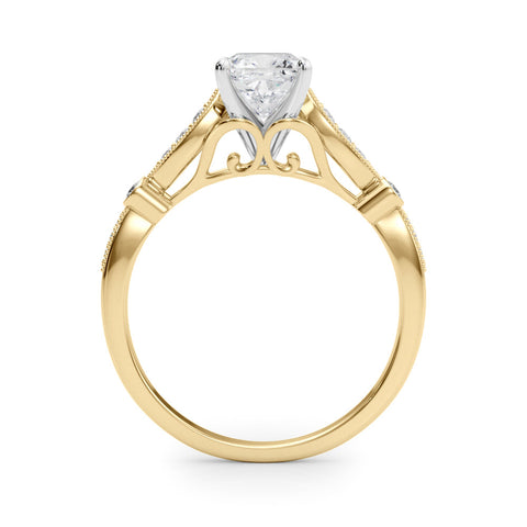 Yellow gold Cushion Cut Diamond with Milgrain Marquise and Bezel Accents on a Solitaire Band with Prong Setting