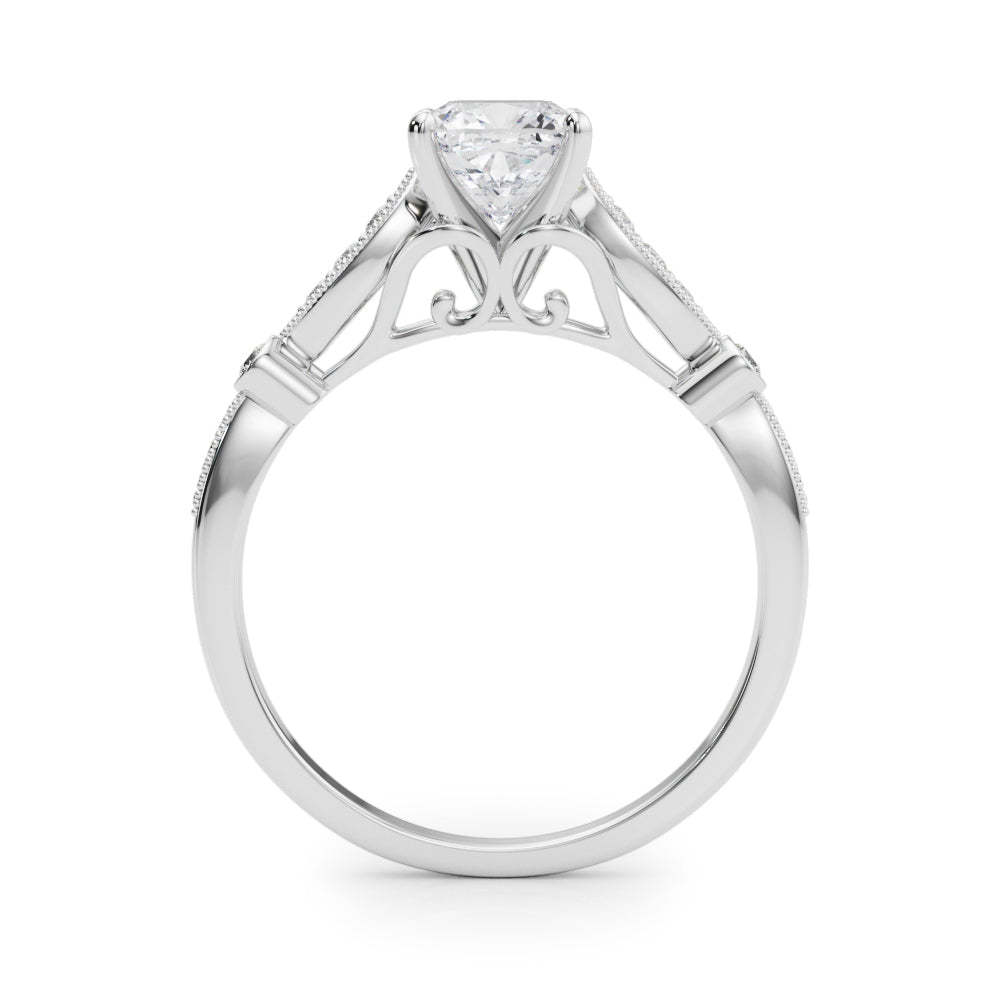 White gold Cushion Cut Diamond with Milgrain Marquise and Bezel Accents on a Solitaire Band with Prong Setting