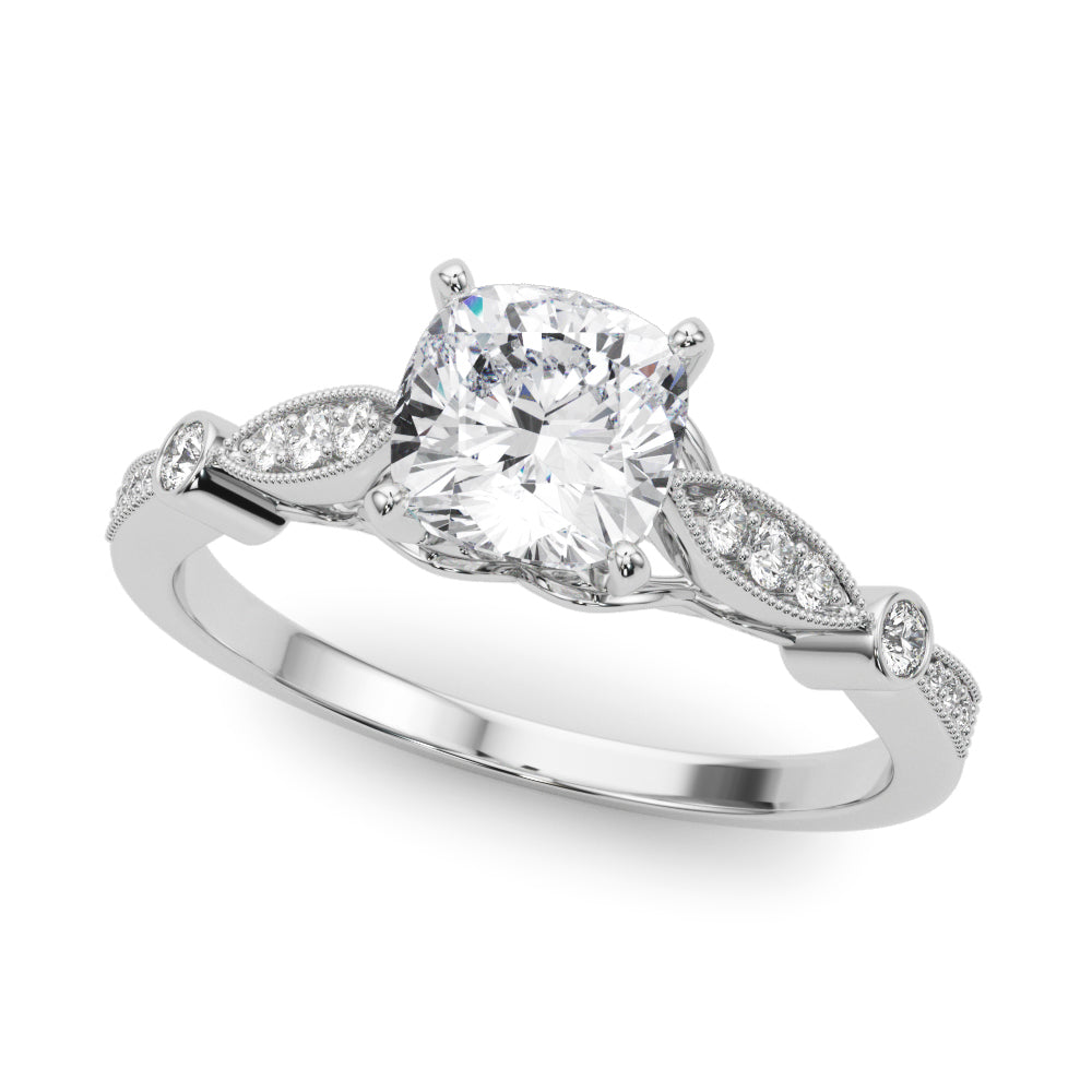 White gold Cushion Cut Diamond with Milgrain Marquise and Bezel Accents on a Solitaire Band with Prong Setting
