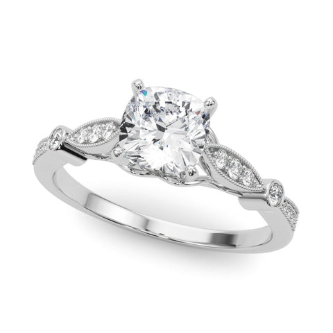 White gold Cushion Cut Diamond with Milgrain Marquise and Bezel Accents on a Solitaire Band with Prong Setting