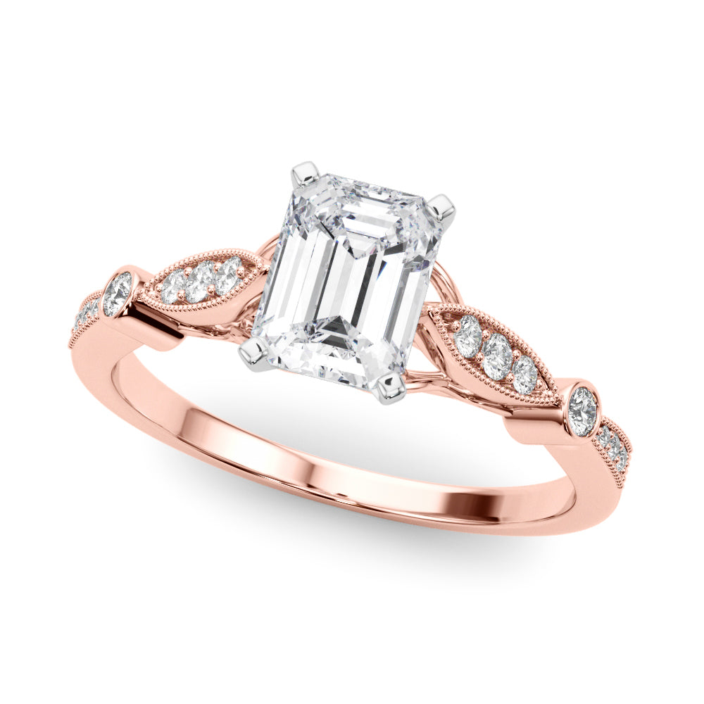Rose gold Radiant Cut Diamond with Milgrain Marquise and Bezel Accents on a Solitaire Band with Prong Setting