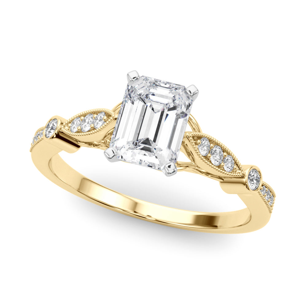 Yellow gold Emerald Cut Diamond with Milgrain Marquise and Bezel Accents on a Solitaire Band with Prong Setting