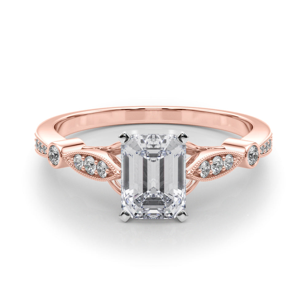 Rose gold Emerald Cut Diamond with Milgrain Marquise and Bezel Accents on a Solitaire Band with Prong Setting