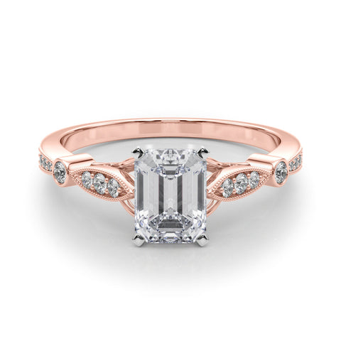 Rose gold Emerald Cut Diamond with Milgrain Marquise and Bezel Accents on a Solitaire Band with Prong Setting