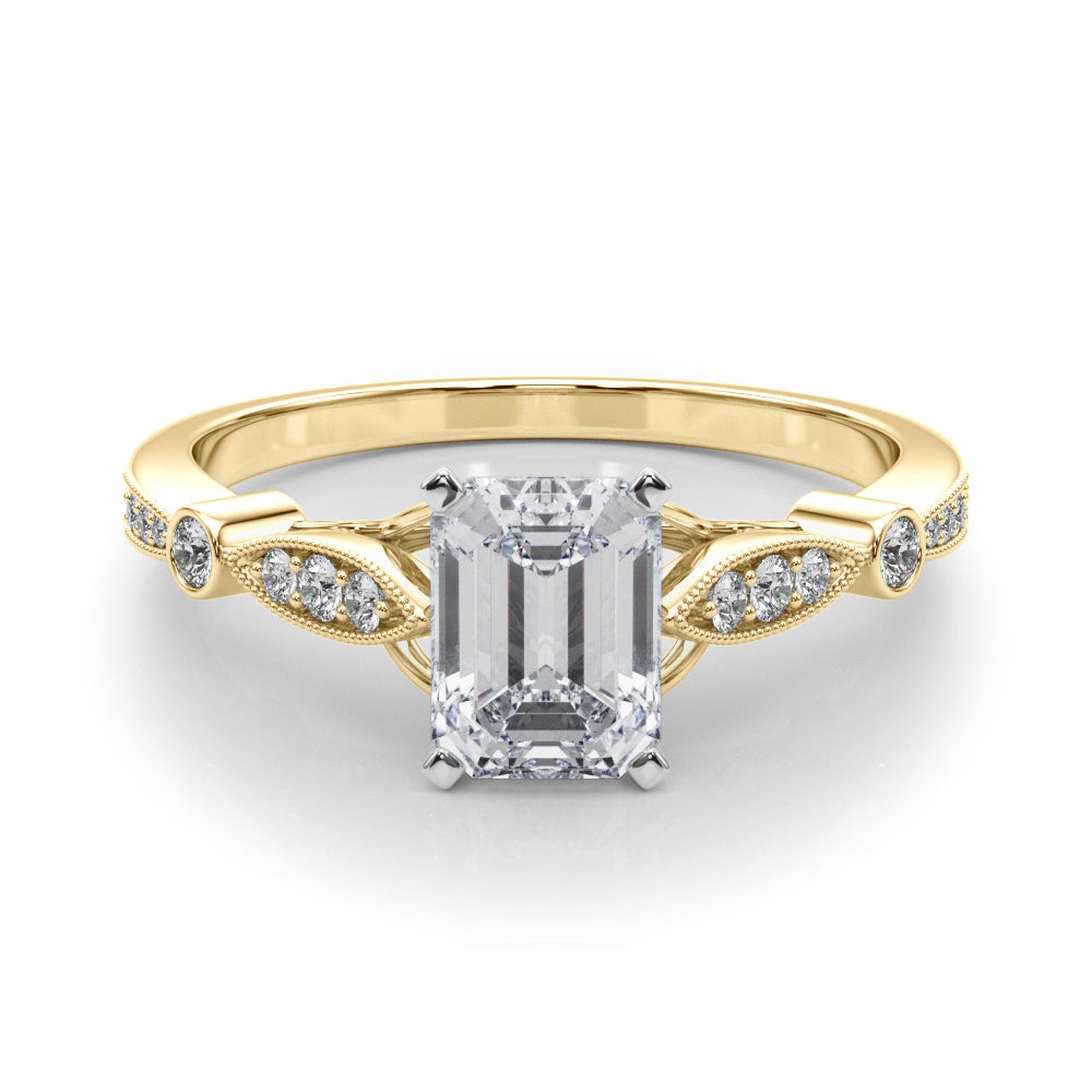 Yellow gold Emerald Cut Diamond with Milgrain Marquise and Bezel Accents on a Solitaire Band with Prong Setting