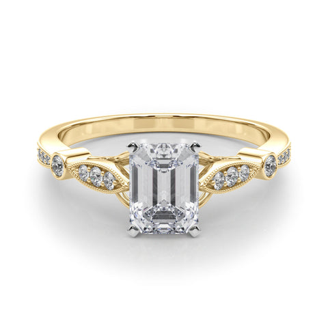 Yellow gold Emerald Cut Diamond with Milgrain Marquise and Bezel Accents on a Solitaire Band with Prong Setting